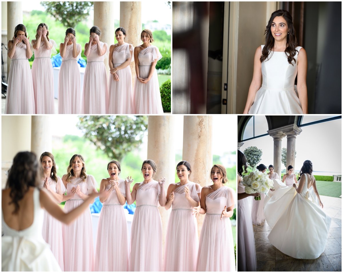  first look with the bride and her bridesmaids 