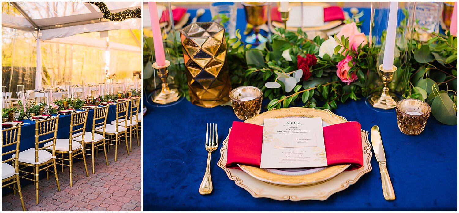  Gold, Navy, Merlot wedding tablescape 