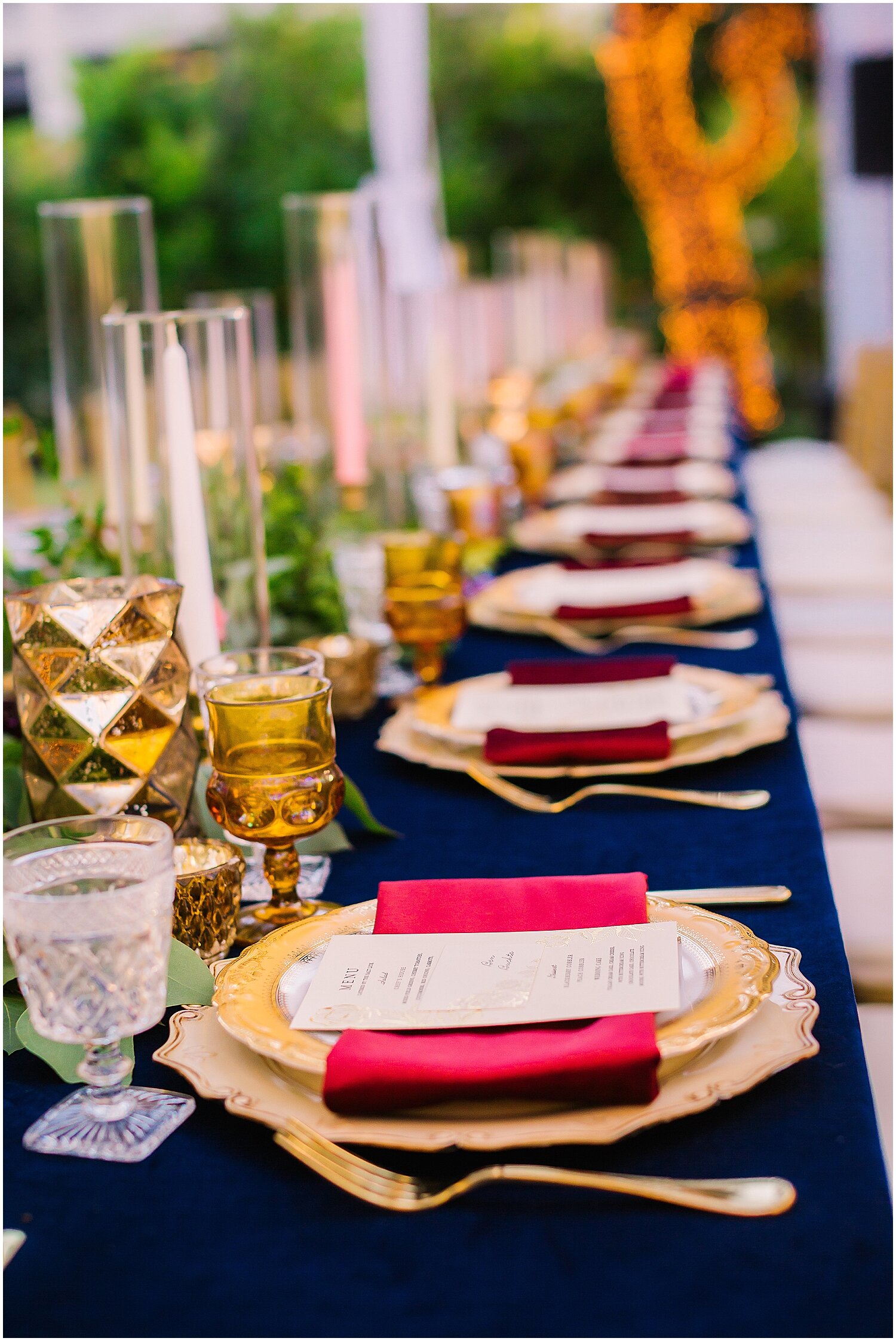  Gold, Navy, Merlot, and Ivory wedding table setting 