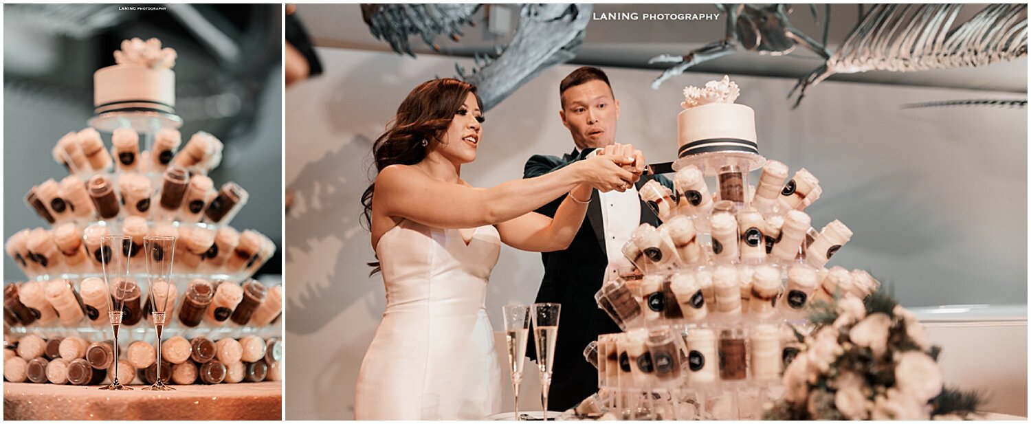  bride and groom cutting their wedding cake 