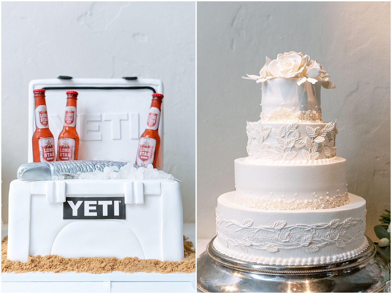  White wedding cake and Yeti themed groom cake 