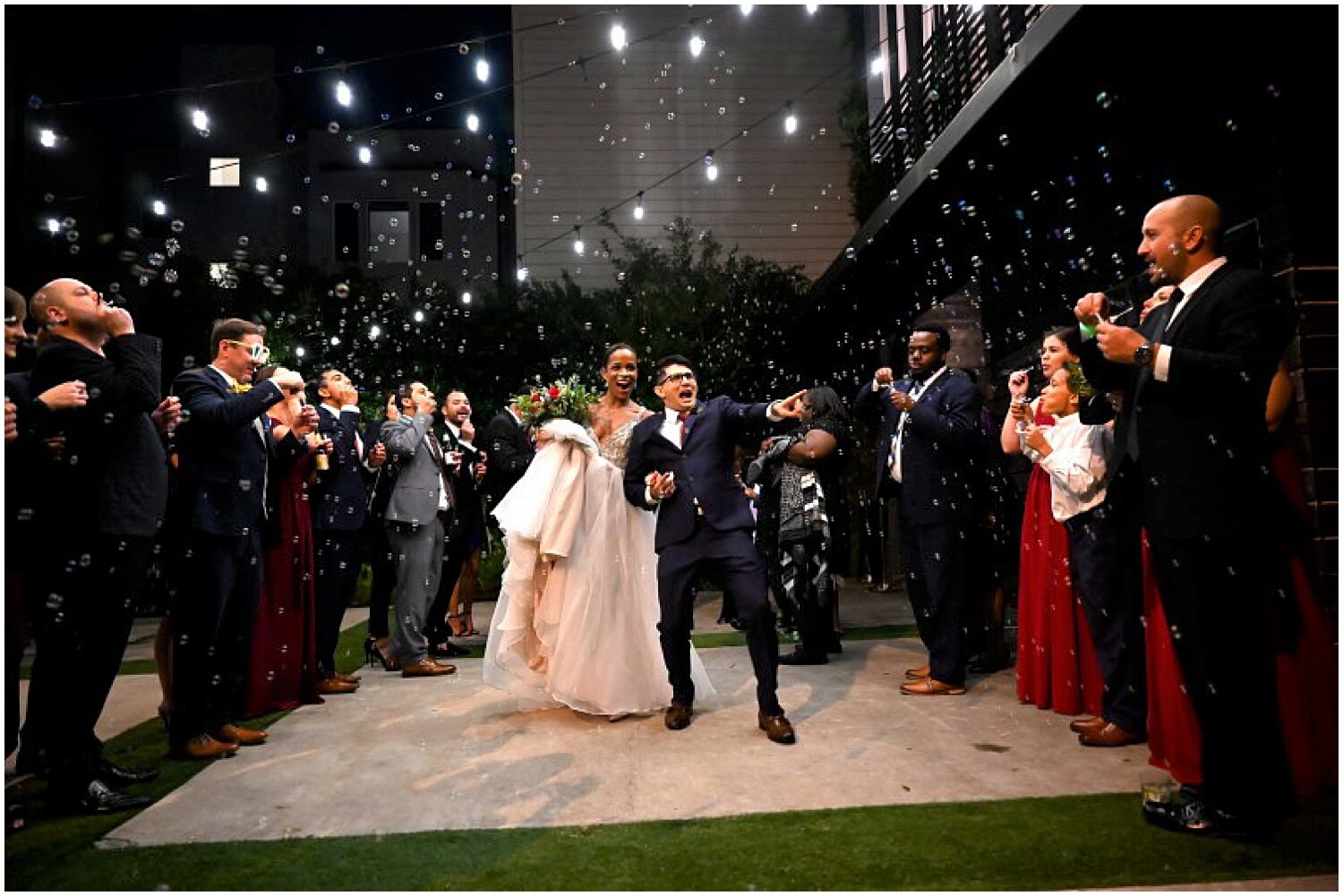  bride and groom’s grand exit with bubbles 