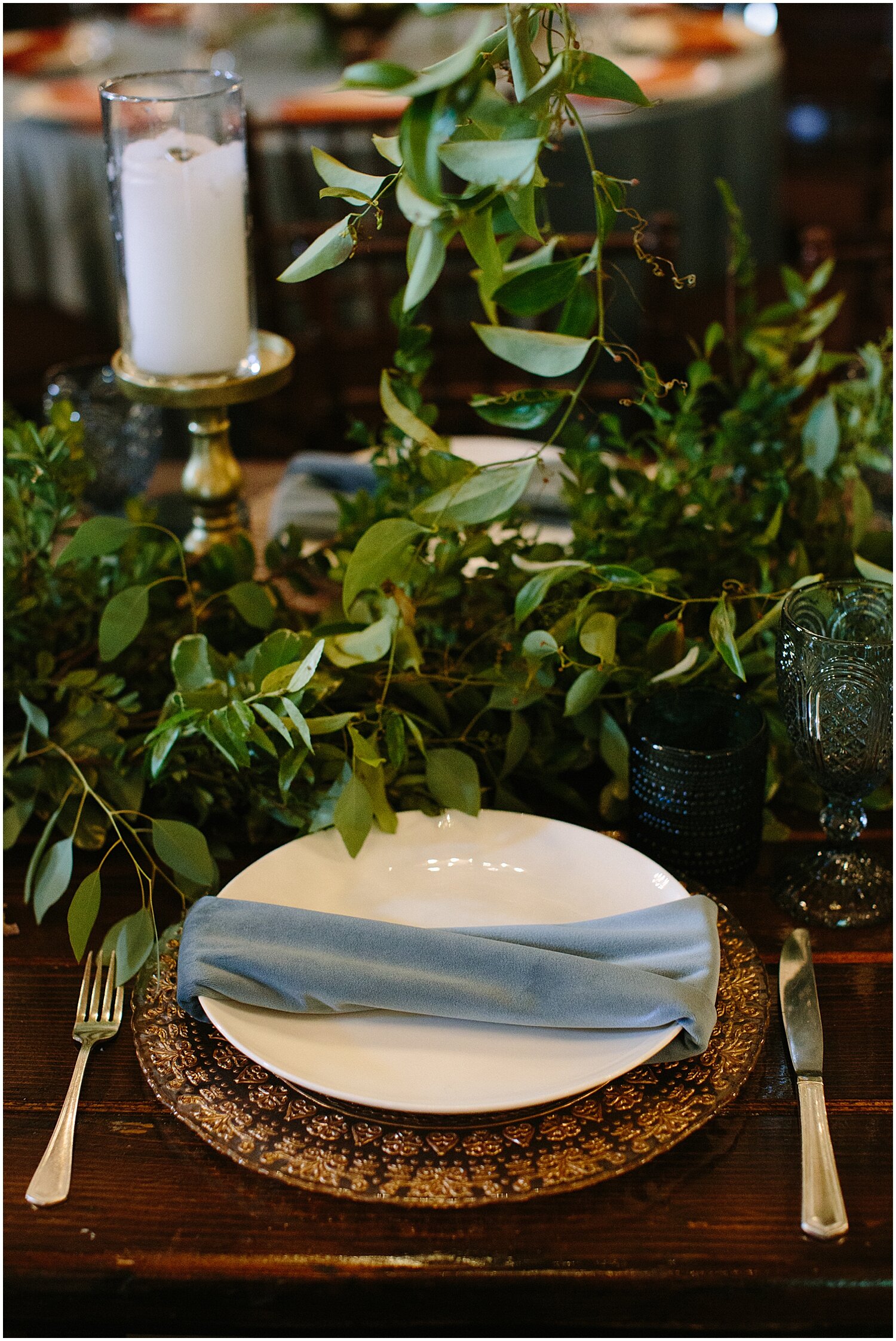  blue and greenery wedding tablescape 