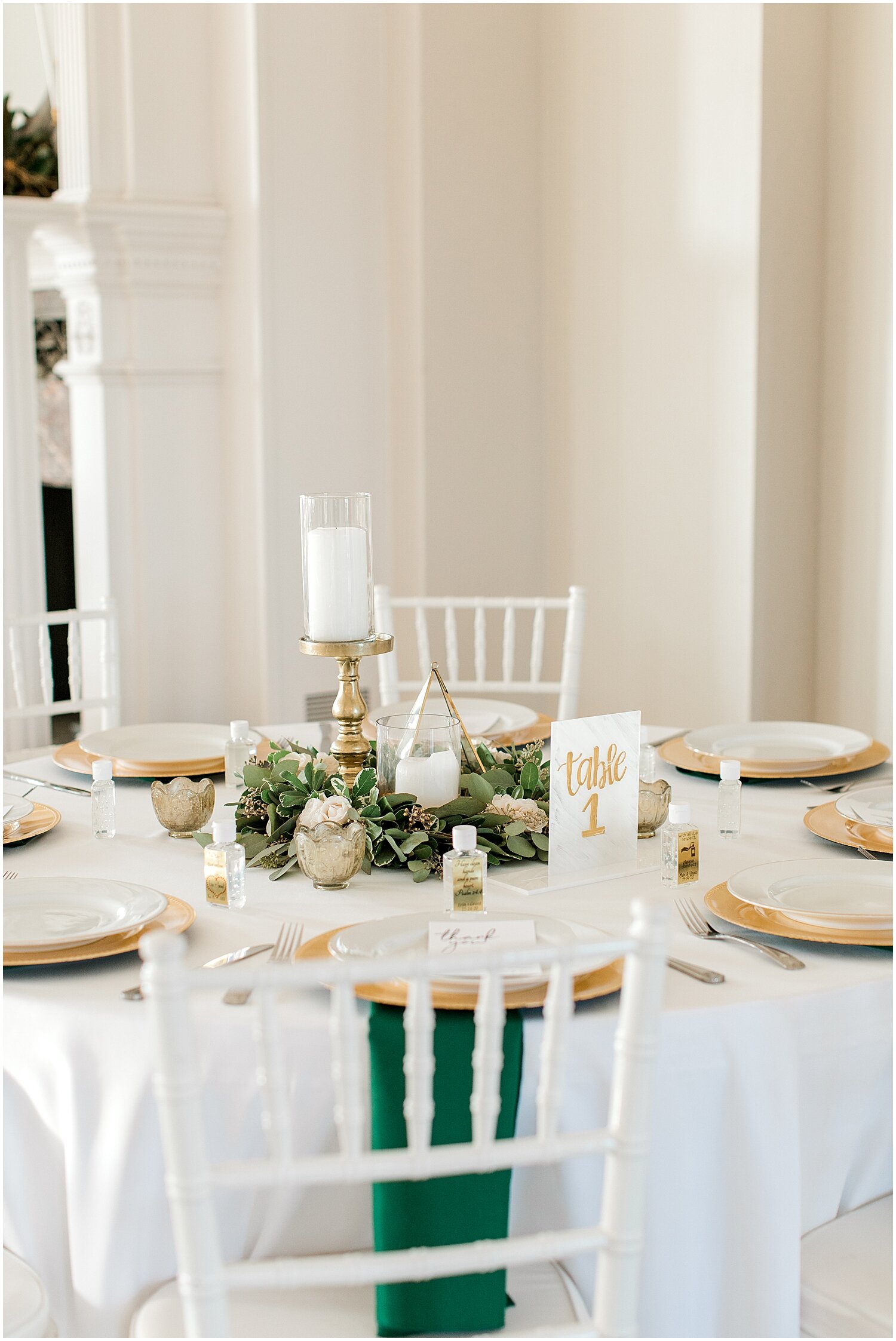  green, white and gold wedding reception decor 