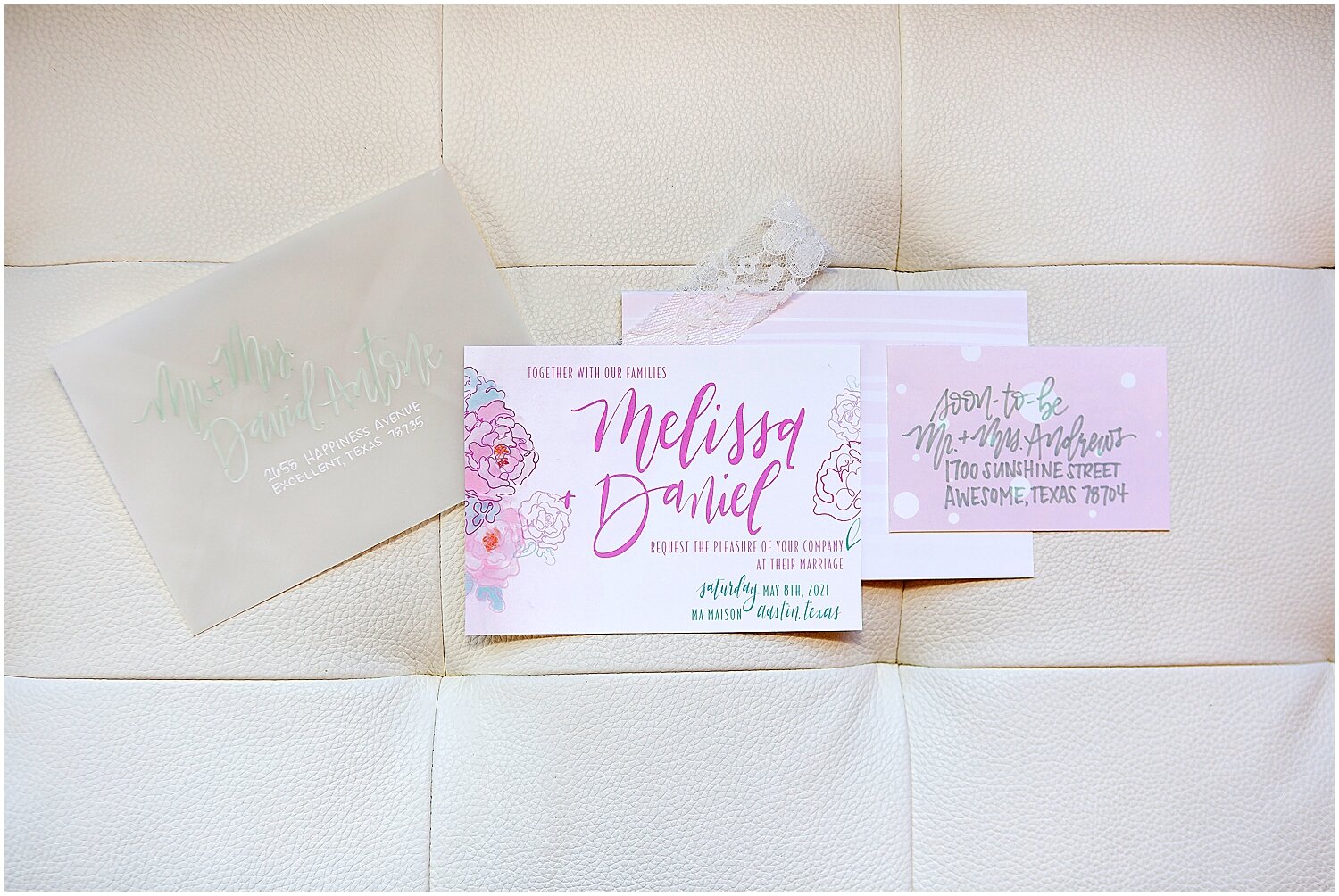  pink and floral wedding invitation for austin wedding 