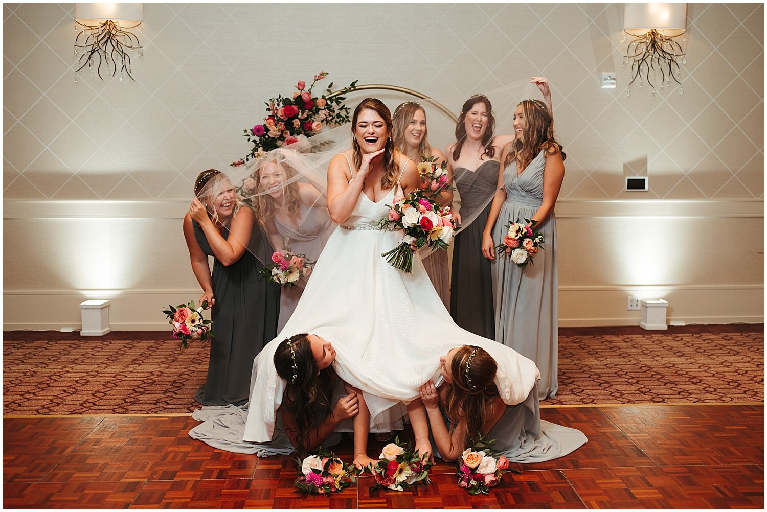  silly photo of the bride and bridesmaids  