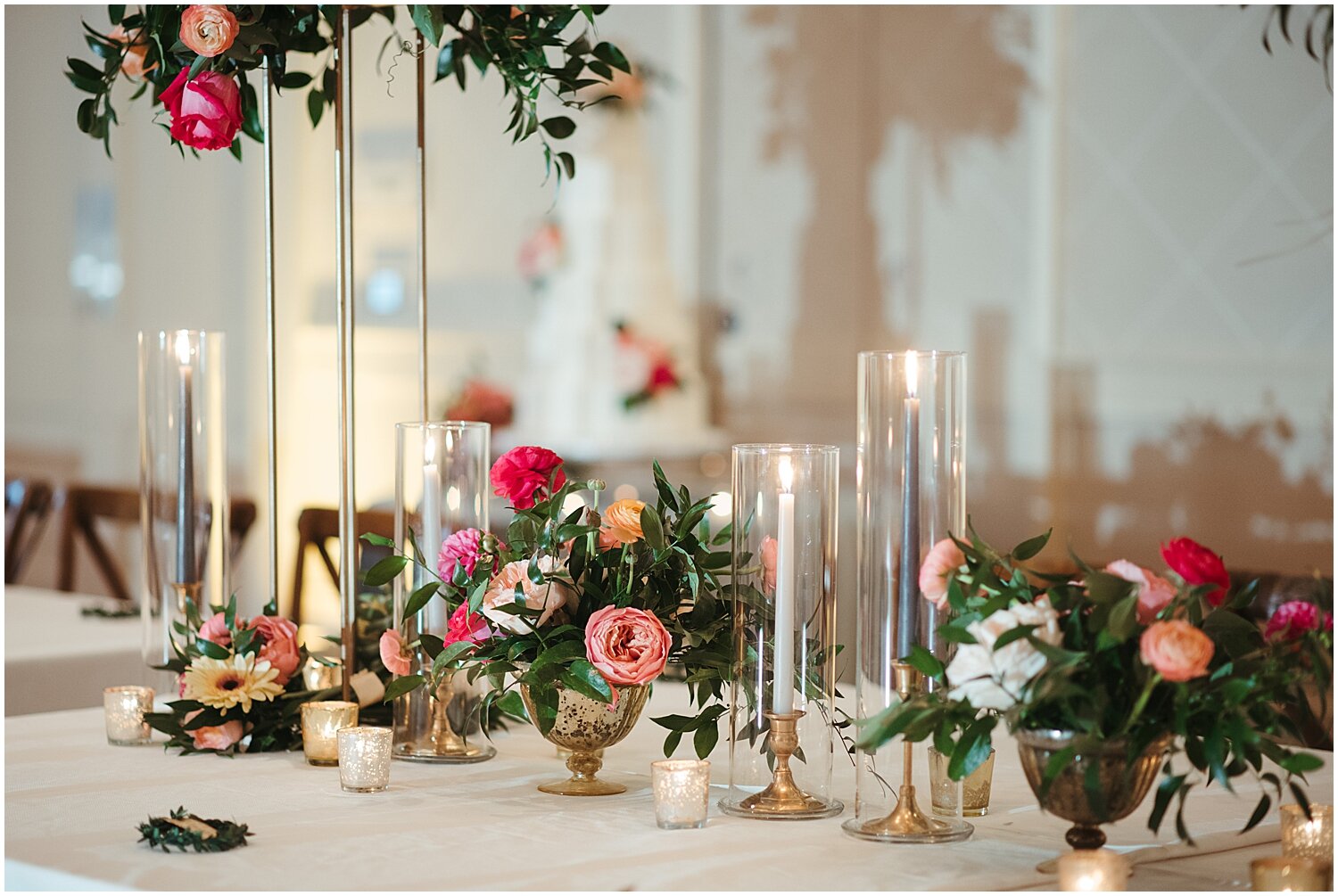  tall wedding centerpieces with pink flowers and greenery, candlelights 