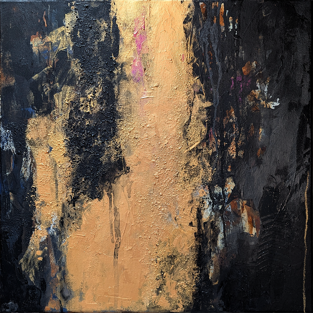  Dark & Stormy  
Heavy texture finish. Black and gold acrylic with blue, white, magenta undertones. Salt wash, iron oxide and rust activator on canvas, 20” x 20”.