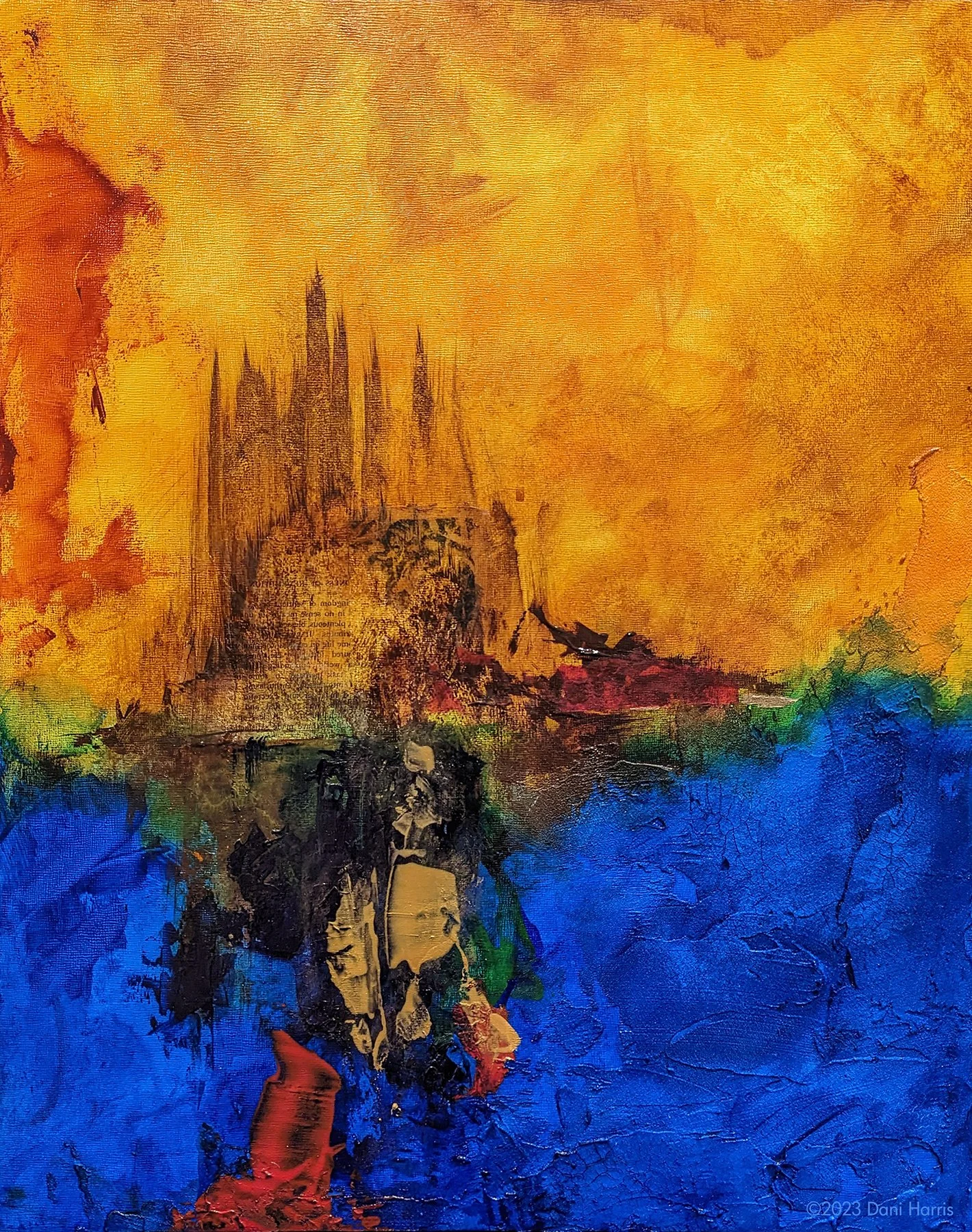 Acrylic, crackle paste, paper, yellow oxide, blue, brown, red acrylic paint on 2” thick art panel. 18” x 24”