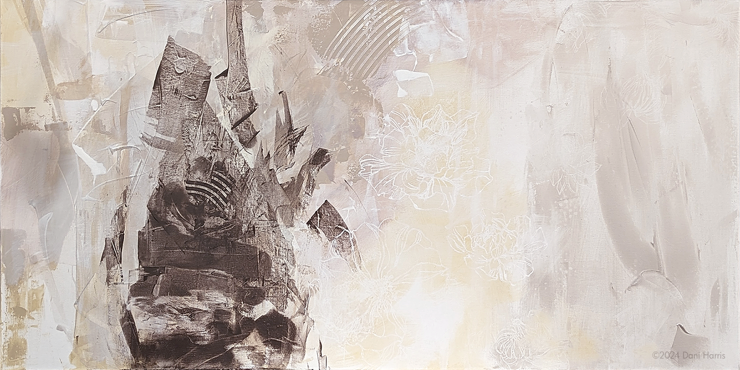  Finding Serenity Among Chaos  
White, cream, bronze, silver acrylic and ink on canvas, 48” x 24”.