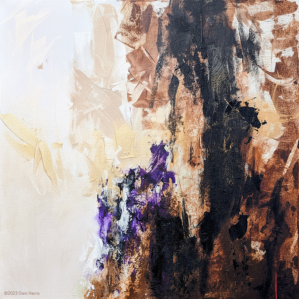  Rustic Acrylic on Canvas  
Black, gold, white, cream, purple acrylic on canvas, 24” x 24”.