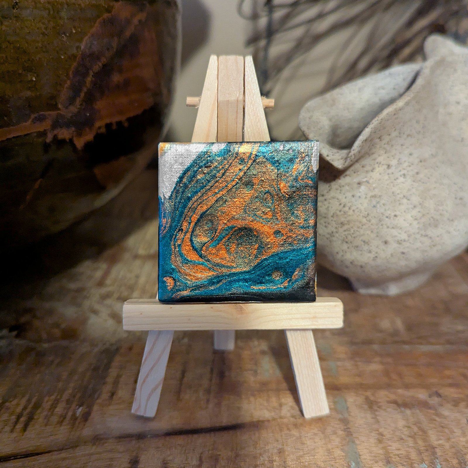 Tiny Copper and Teal Painting with Easel