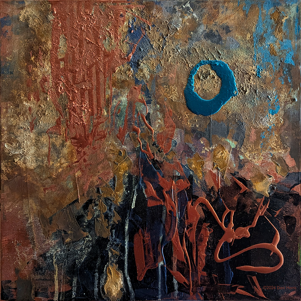  Overwhelmed  
Rust and heavy texture finish. Copper, black, metallic blue acrylic, salt wash, iron oxide on canvas, 16” x 16”.