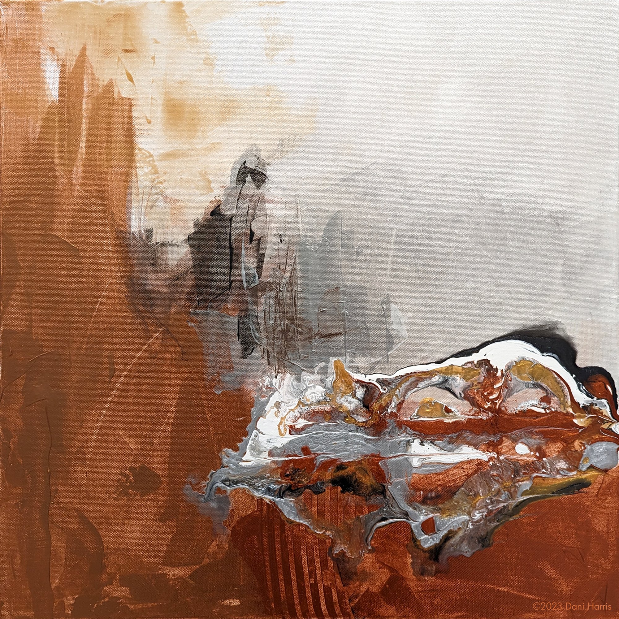  Illuminate  
Copper, gold, white, silver acrylic on canvas, 20” x 20”.