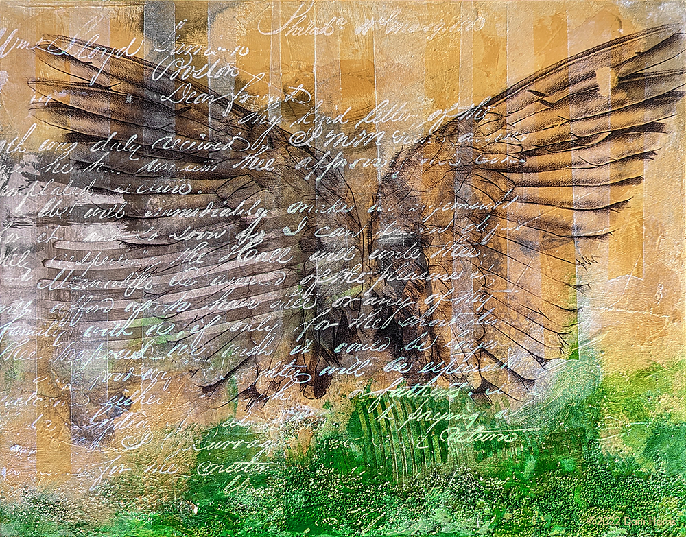  Fly Away With Me  
Acrylic, sand, image transfer of graphite drawing, stamp on panel. 14” x 11”
