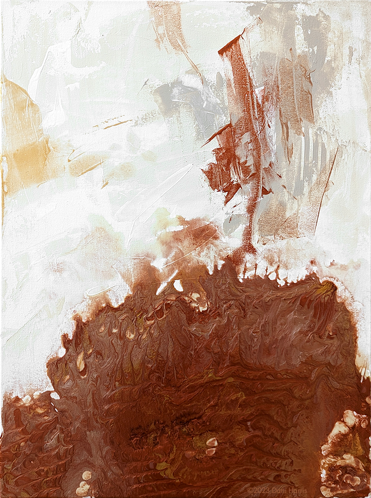  Etta J  
Copper, bronze, gold, white acrylic on canvas, 18” x 24”.