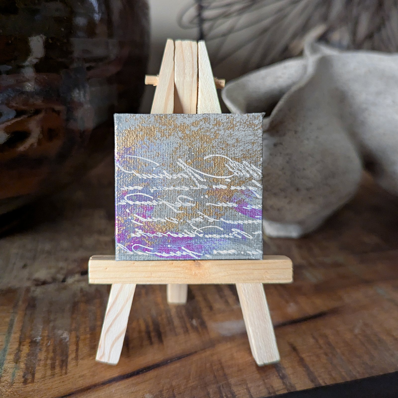 Tiny Grey and Gold Painting with Easel