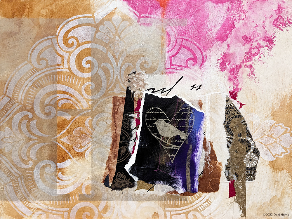  I Carry Your Heart  
Acrylic, ink, collage on Masonite