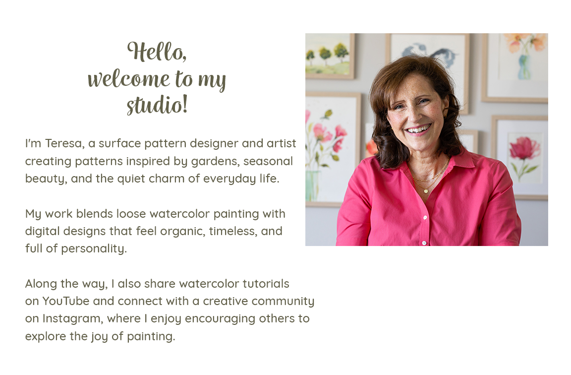 Photo of Teresa with text introducing her as the artist behind Beala™ Designs, creating garden-inspired patterns and teaching watercolor.