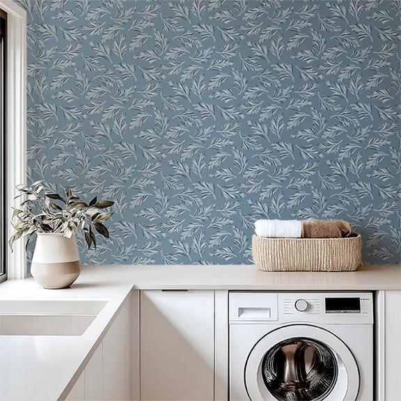 Sway in Blue Wallpaper in laundry room by Beala™ Designs' artist, Teresa