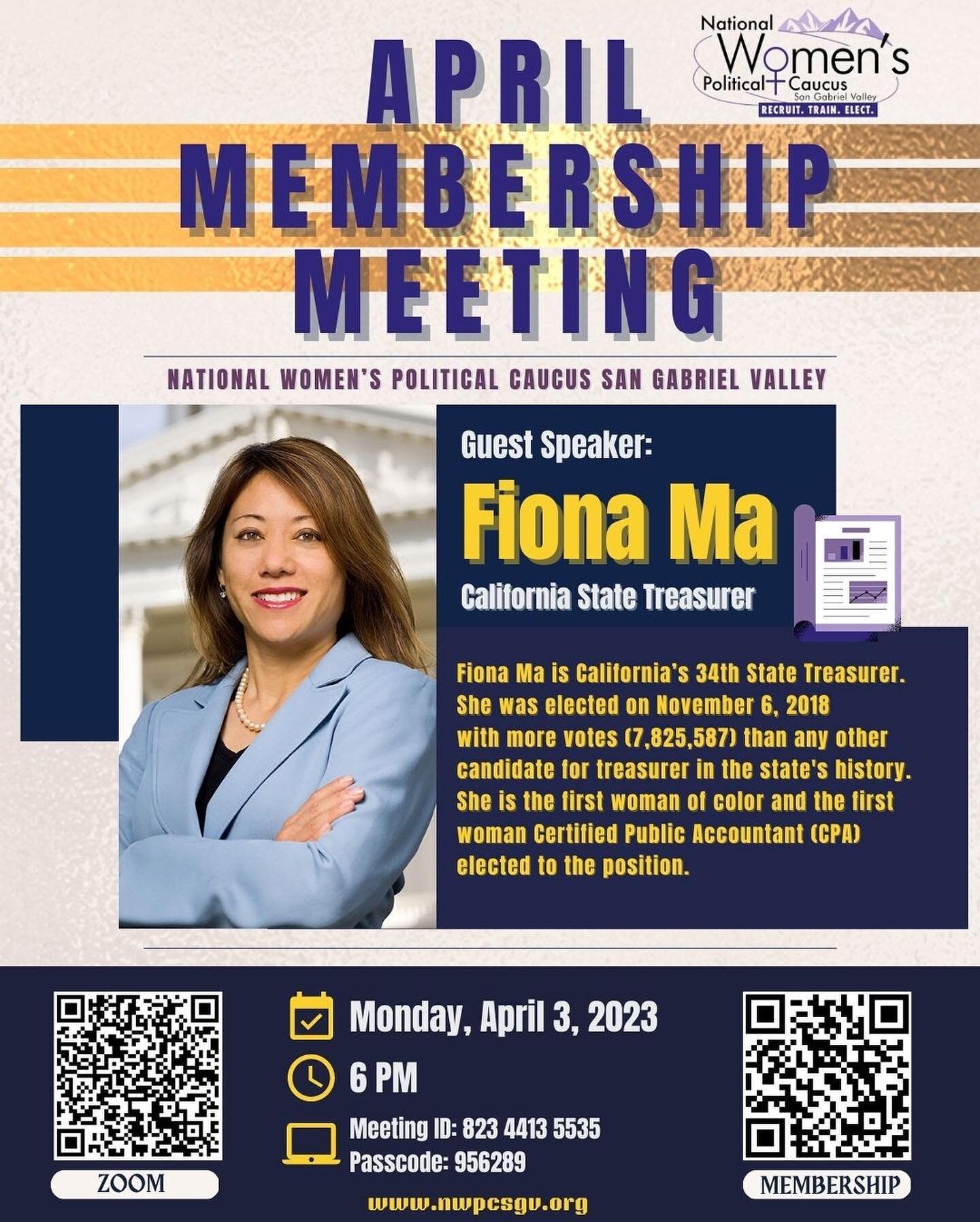 🌊 Join us for our April 2023 meeting! 🌊

- National Women's Political Caucus, San Gabriel Valley -
🌻 April Membership Meeting 🌻
April 3, 2023 @ 6:00 PM Via Zoom&nbsp;💻

🔒 Meeting ID: 823 4413 5535
🔑 Passcode: 956289
🗓️ Monday, April 3, 2023 
