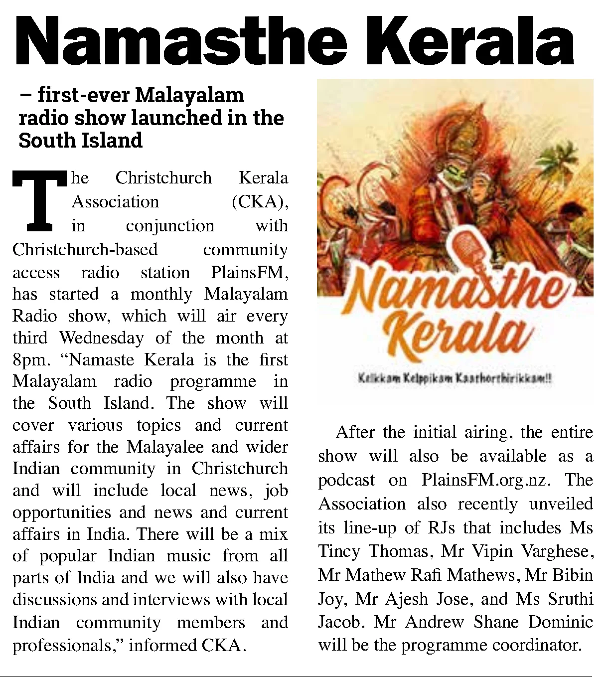 Namasthe Kerala  – first-ever Malayalam radio show launched in the South Island