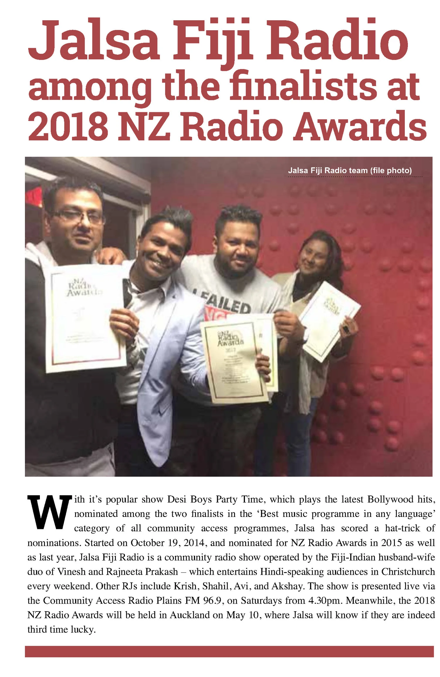 Jalsa Fiji Radio among the finalists at 2018 NZ Radio Awards
