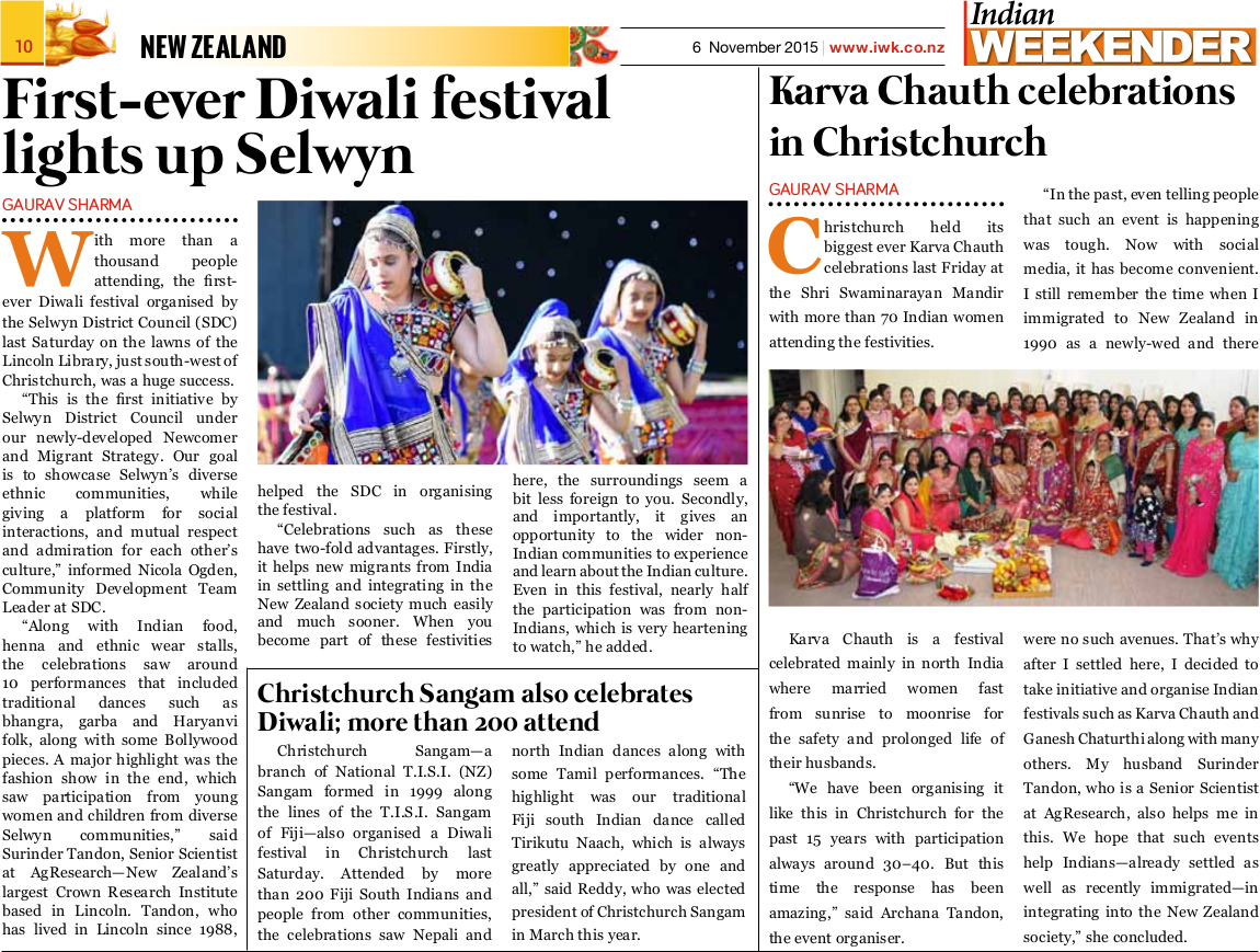 First-ever Diwali Festival Lights up Selwyn; Karva Chauth Celebrations in Christchurch