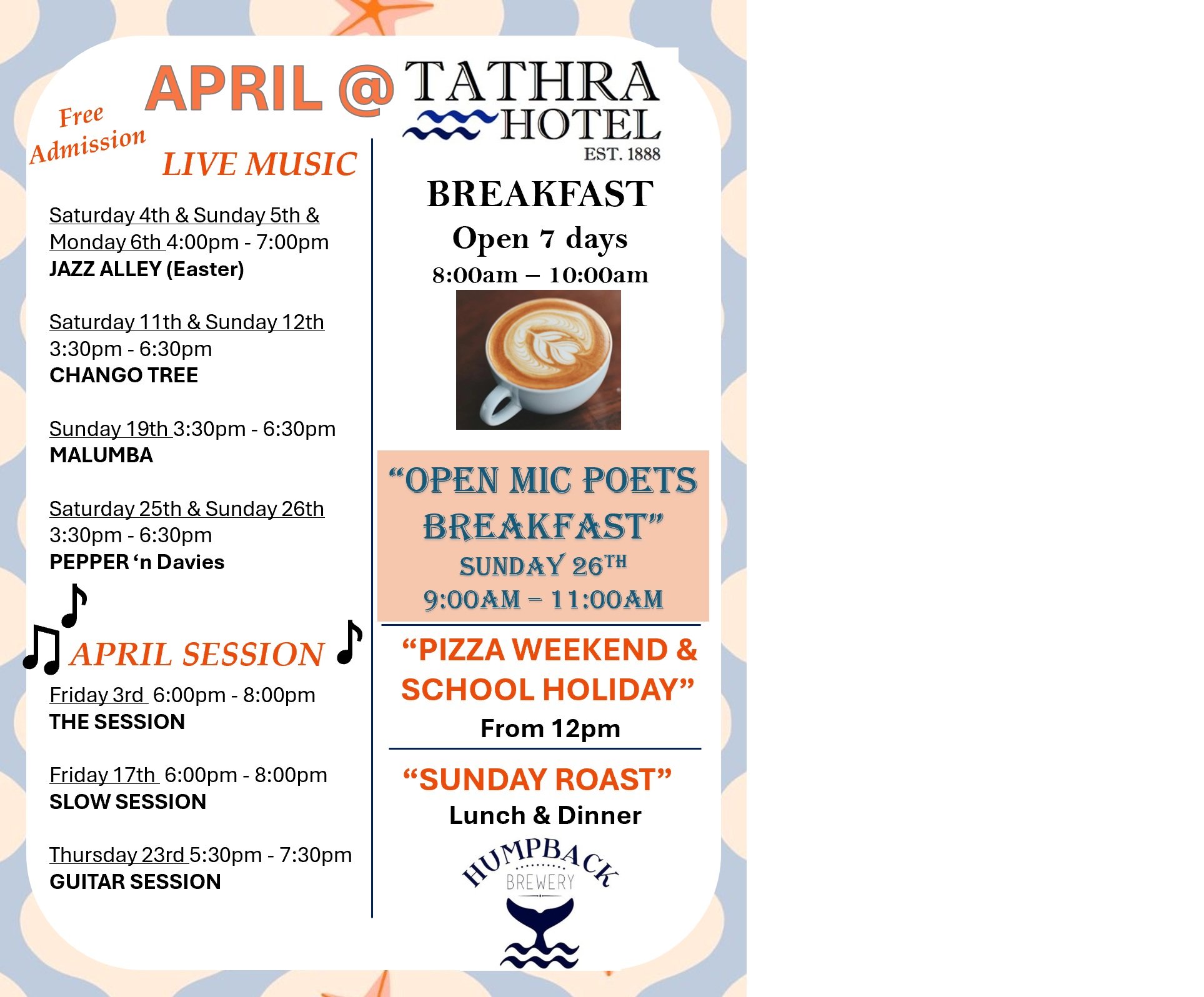 What's On April @Tathra Hotel