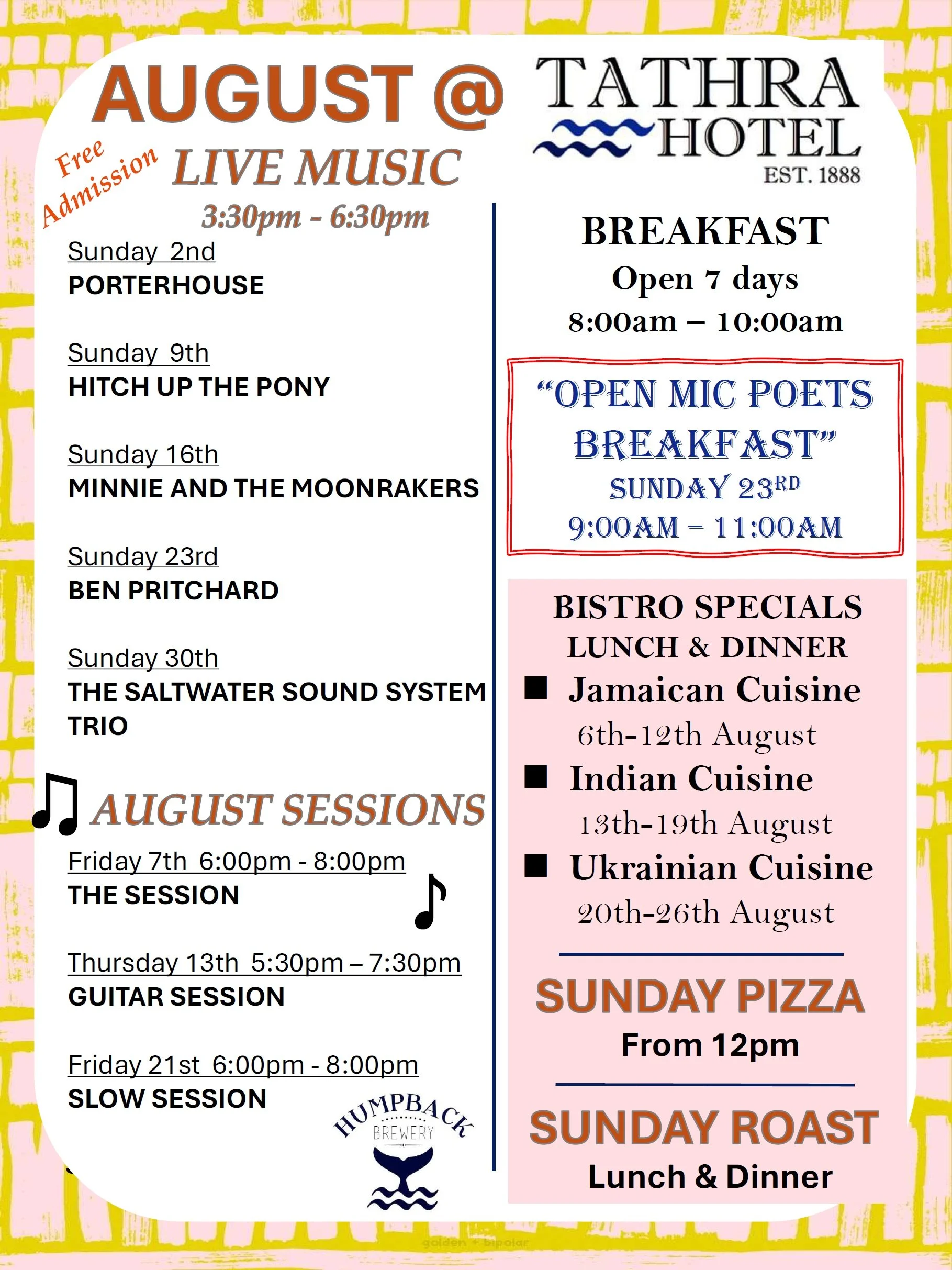 What's On August at Tathra Hotel
