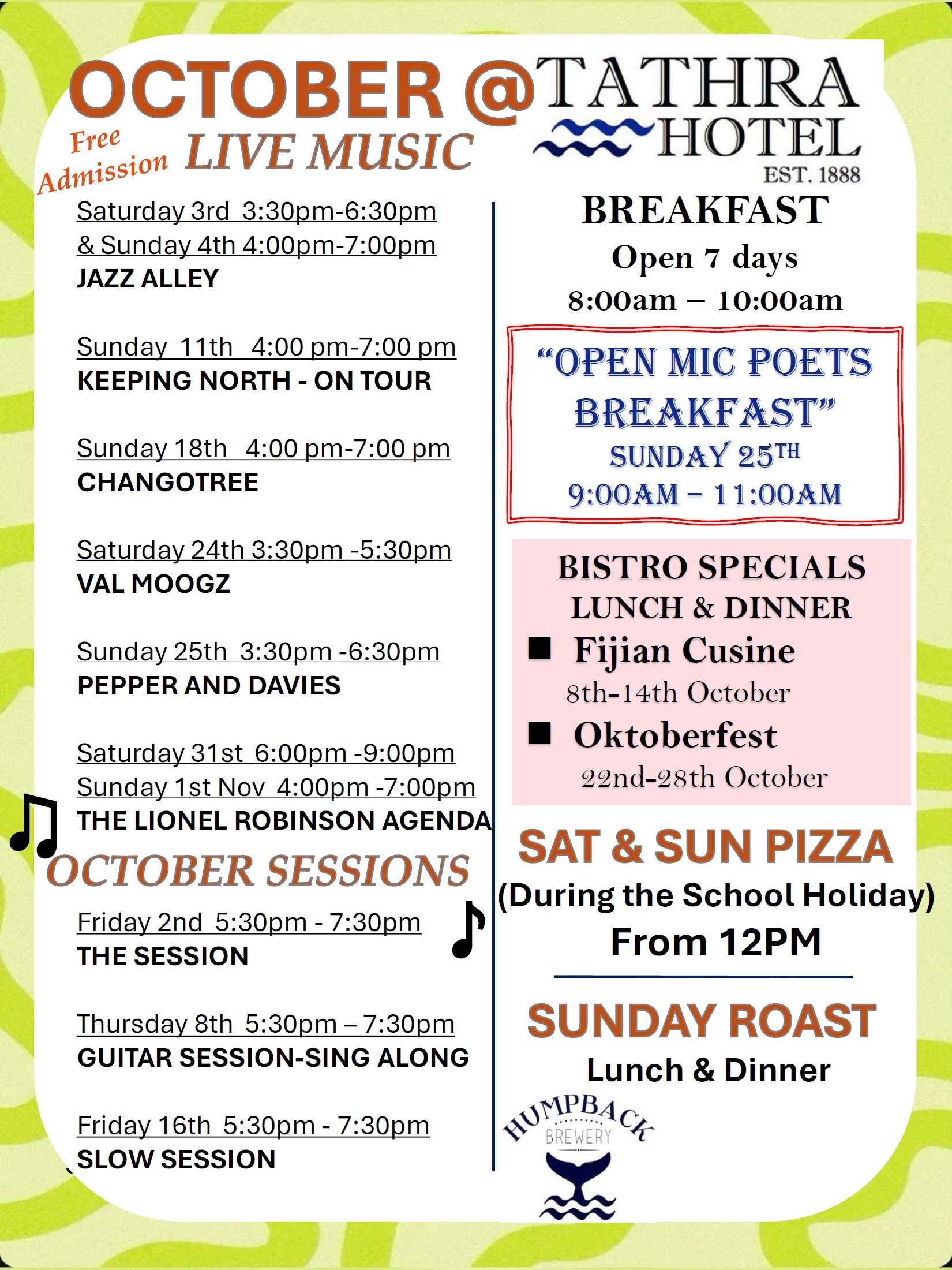 What's On October at Tathra Hotel