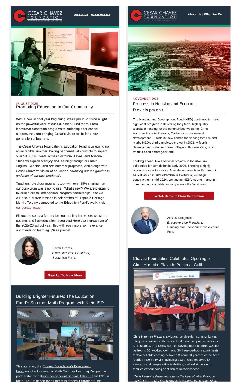 Newsletter page featuring Cesar Chavez Foundation updates, including education programs, housing projects, a ribbon-cutting ceremony for Chris Hartmire Plaza in Pomona, and a classroom image from a summer math program. Contains photos of people, a cityscape, and buildings.