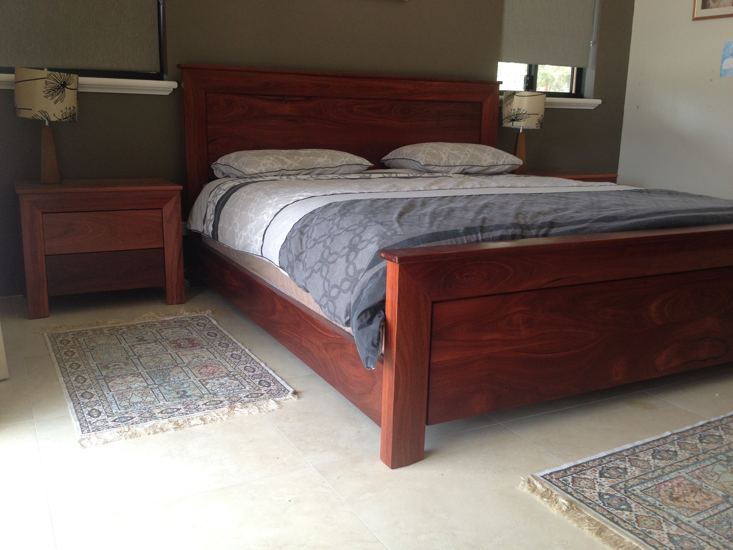  Jarrah King sized bed with solid timber throughout will last a lifetime. Bedsides and tall boys are made to match 