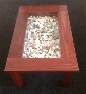 Jarrah Coffee table with "shadow box" drawer - the customers live near the beach and their grandchildren collected sea shells!