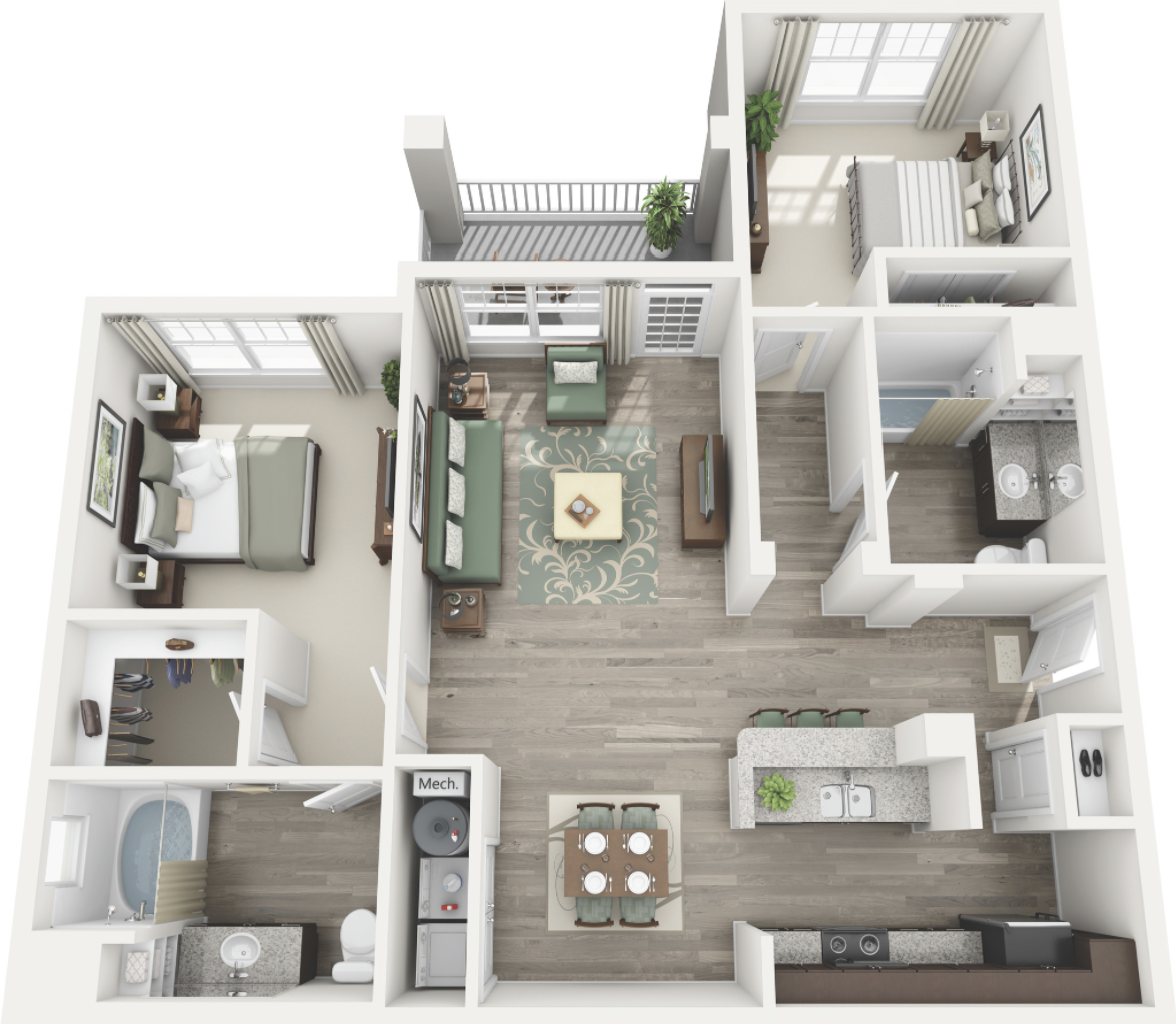 Featured above is the Atlanta Floorplan. This is a 2 bedroom/2bathroom split bedroom plan. It is subject to change and may not be exactly like the floorpan of the unit you will receive. However, it is pretty accurate and should give you a good idea of what the layout of your living quarters will be like.