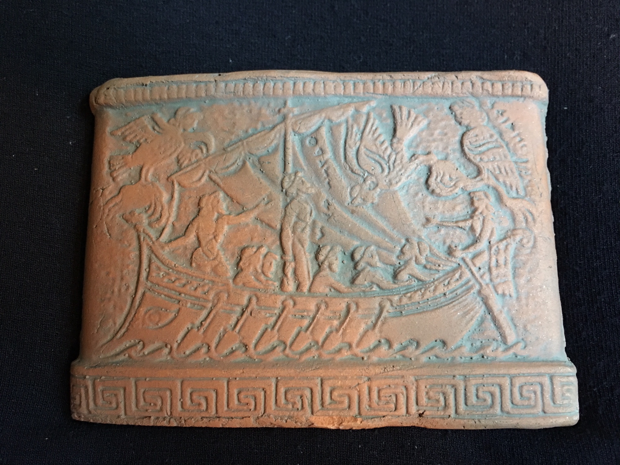 Greek vase of Odysseus chained to boat with winged Sirens hovering