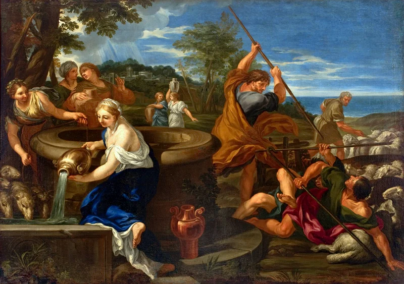 Moses and the Daughters of Jethro by Ciro Ferri via Wikimedia Commons . This is a public domain image.