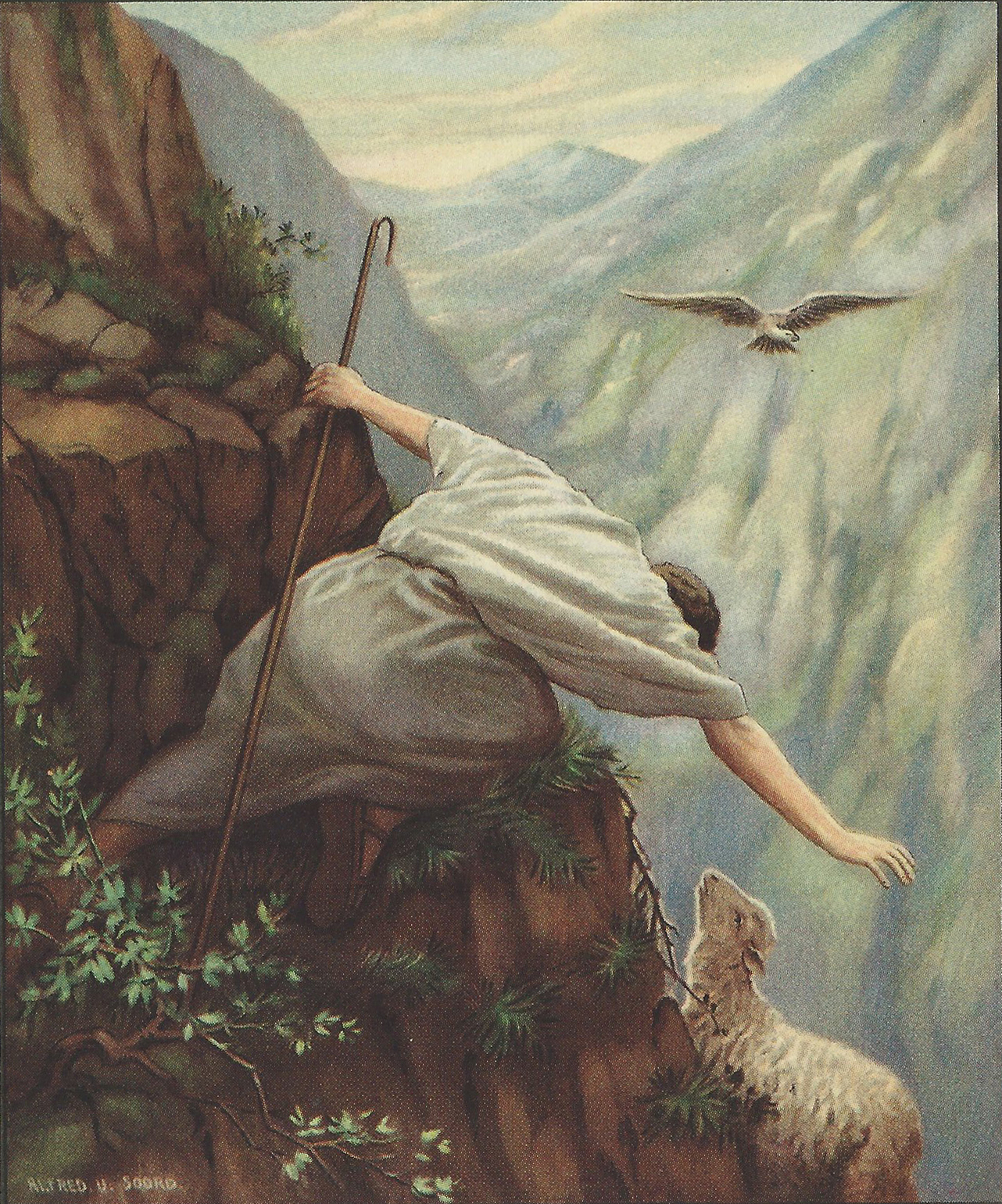 Image credit: The Lost Sheep from Lillie A. Faris, Standard Bible Story Readers, Book 1, page 110. This is a public domain image.