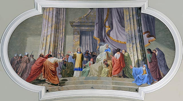 Saint Stephen tried before the Sanhedrin by Josef Arnold der Ältere in the parish church of Lajen. Image by Wolfgang Moroder, via Wikimedia Commons . Go to the Wikimedia link to see restrictions. This image is licensed under licensed under Creative Commons 3.0 .