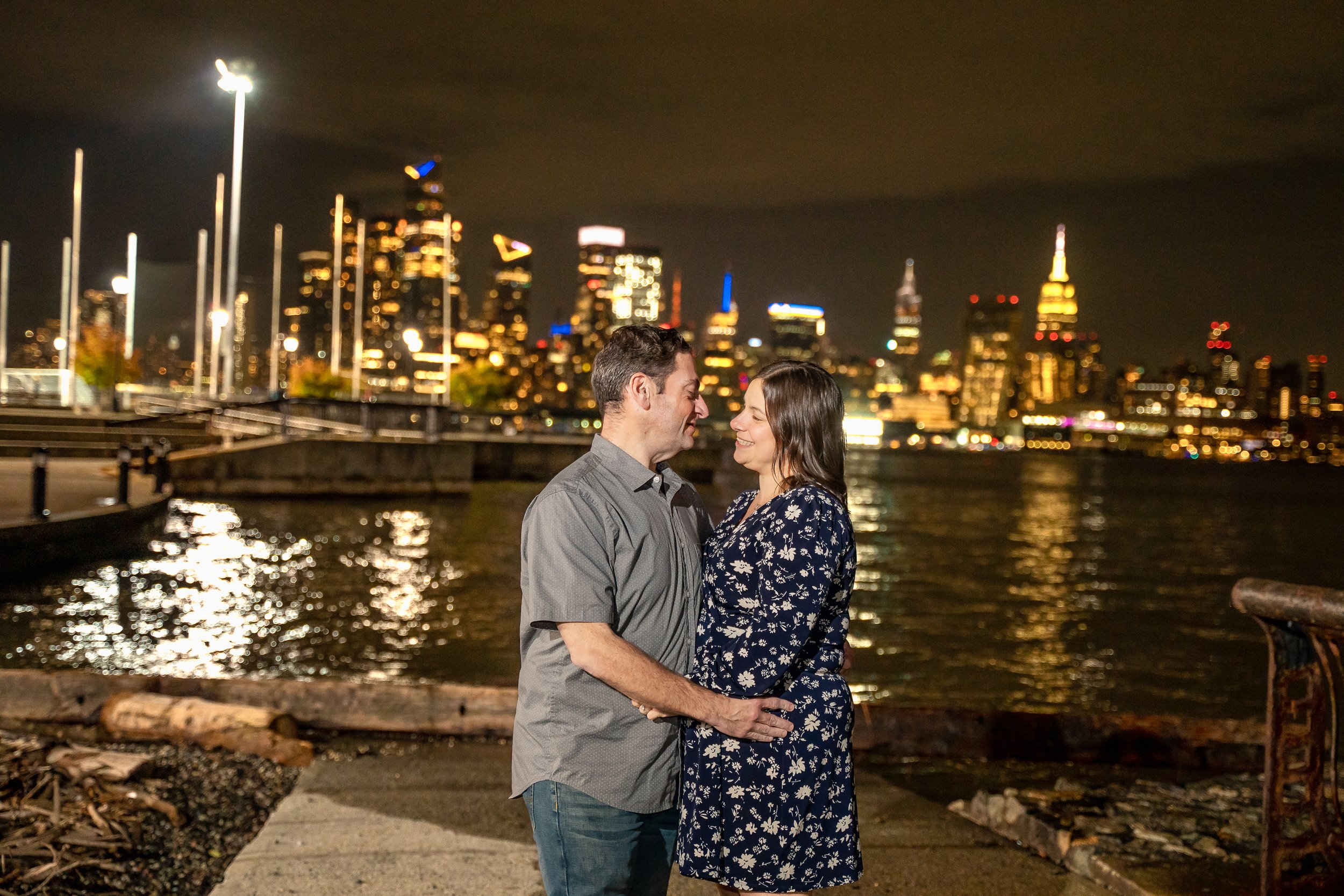 Hoboken NJ New Jersey Nightime skyline waterfront Engagement photos.jpg