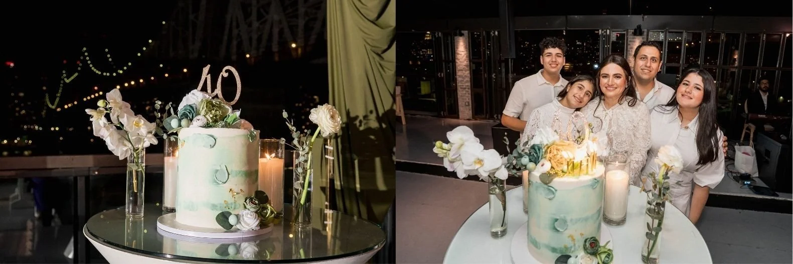 Elegant 40th birthday cake with flowers and candles at a NYC venue