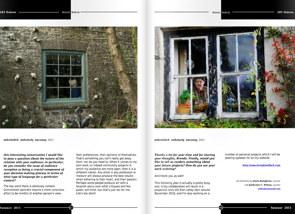Magazine spread featuring an article about artist Brenda Bullock, with two images of a person looking out a window from inside a house. The images are titled "unheimlich unhomely uncanny, 2011." The article discusses artistic audience reception and f