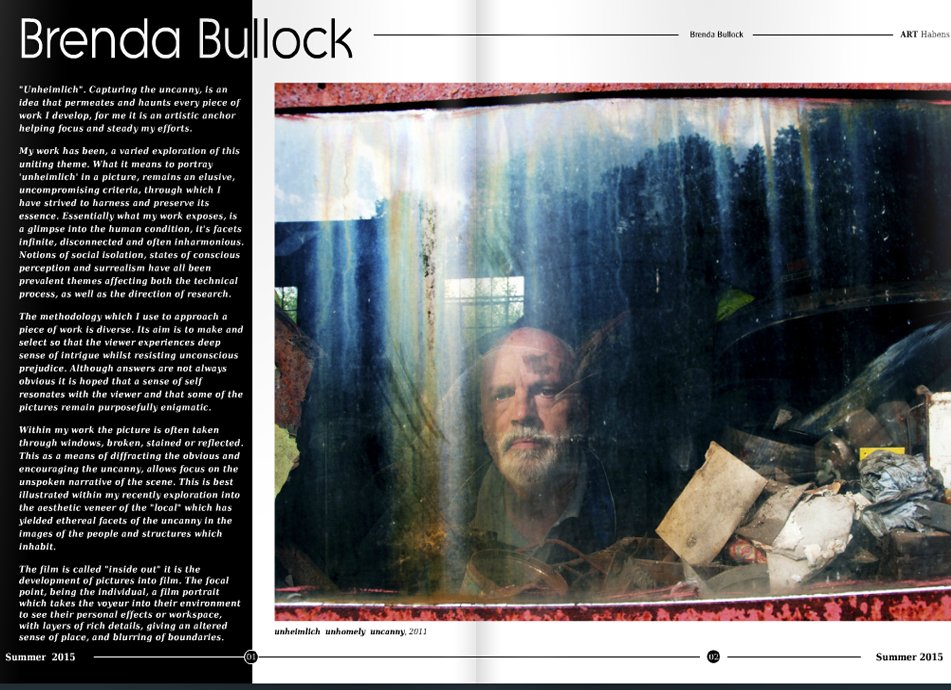 Magazine page featuring Brenda Bullock's art piece, 'Unheimlich', depicting a reflection of a man seen through a dirty window. Text discusses the concept of capturing the uncanny through art. Summer 2015 edition.