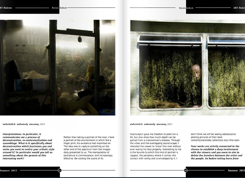 Two pages from a magazine featuring an art project titled "unheimlich unhomely uncanny, 2011" by Brenda Bullock, with photographs of a cluttered, dimly lit room and a window with algae inside a train or bus.