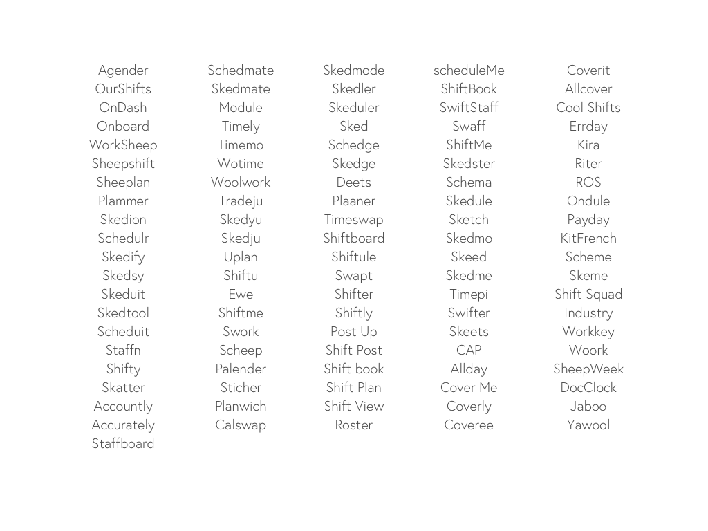 We went back to ShedWool’s function - allowing users to access their schedules and request changes to their shift - and brainstormed possible names.