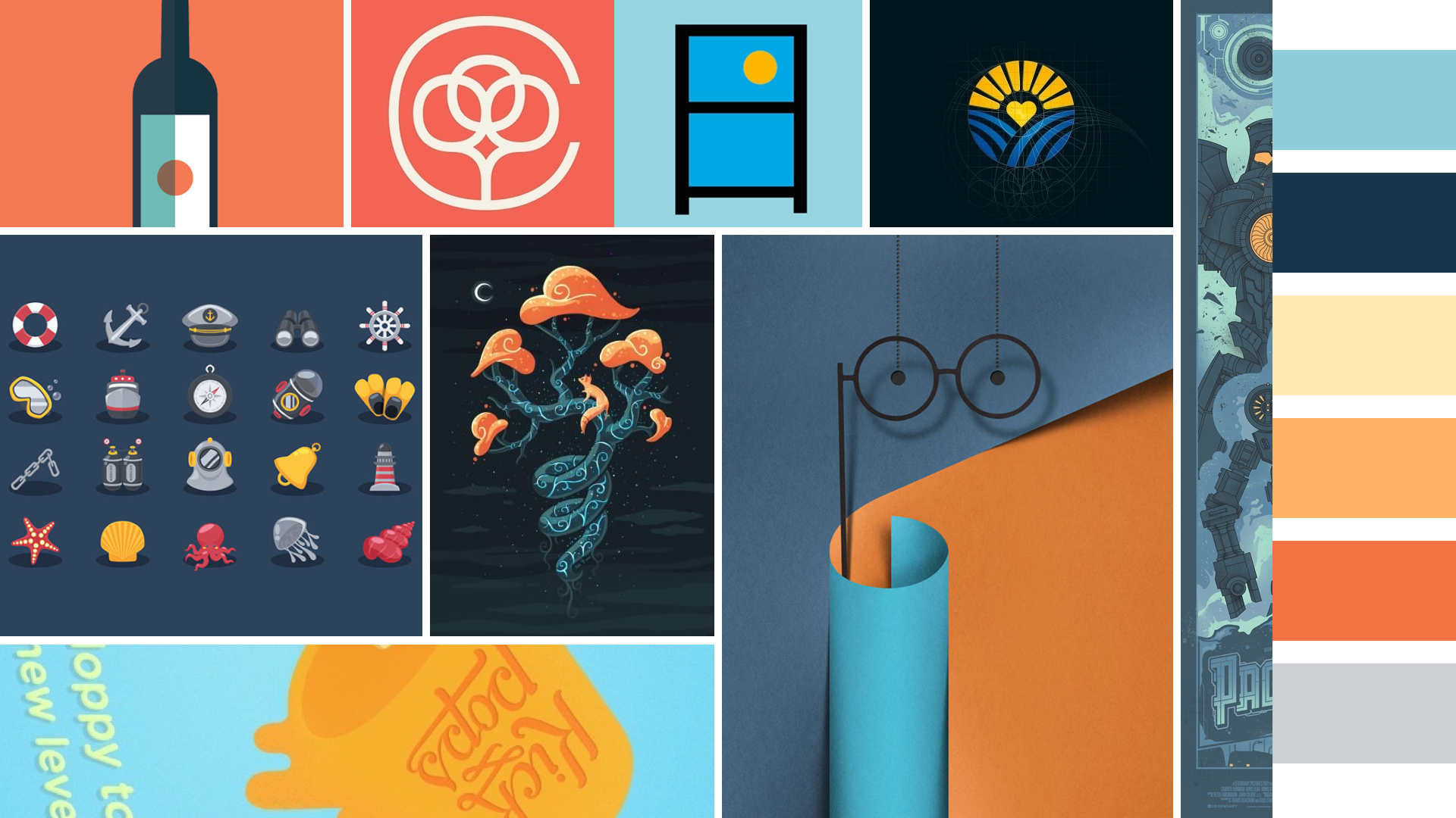 "Magic" moodboard: inspired by the magic tree image with foxes, this moodboard and color palette was the warmest approach.