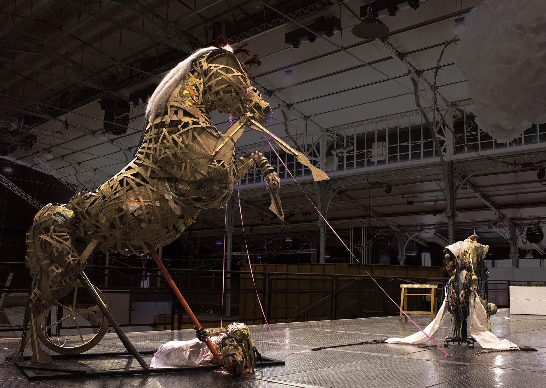 Lavar Munroe, Of the Omens He Had As He Entered His Own Village, and Other Incidents That Embellished and Gave a Colour to a Great History , 2017 Deconstructed Junkanoo costumes, found fabric, bullhorns, beads, rubber, tennis balls, ribbon, mesh, wood, mask, synthetic hair, feathers, and cardboard Image Courtesy of the artist