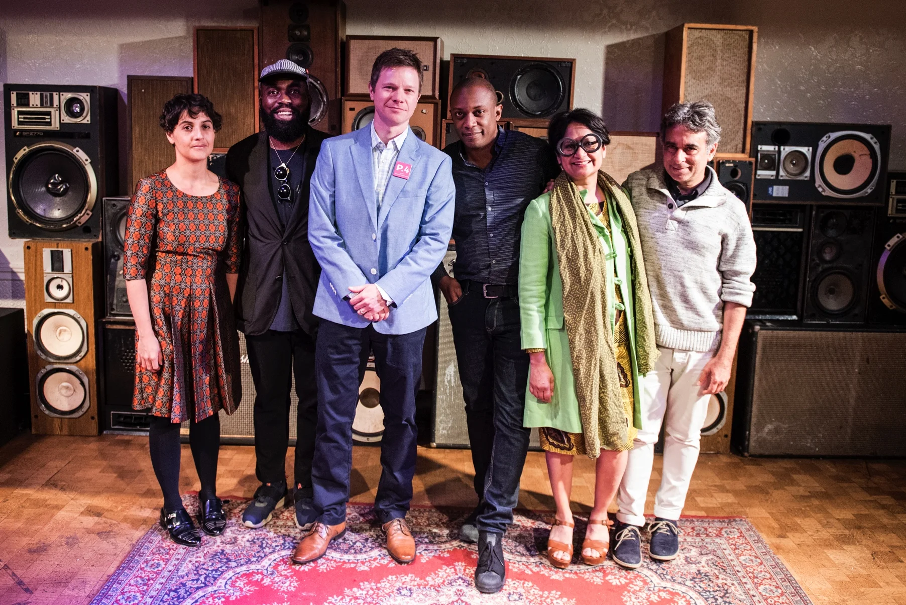 From left to right: P.4 Artists Maria Berrio and Derrick Adams with P.4 Artistic Director Trevor Schoonmaker, P.4 Artists Hank Willis Thomas and Rina Banerjee, and P.4 Artistic Director's Council Member Omar López-Chahoud. 