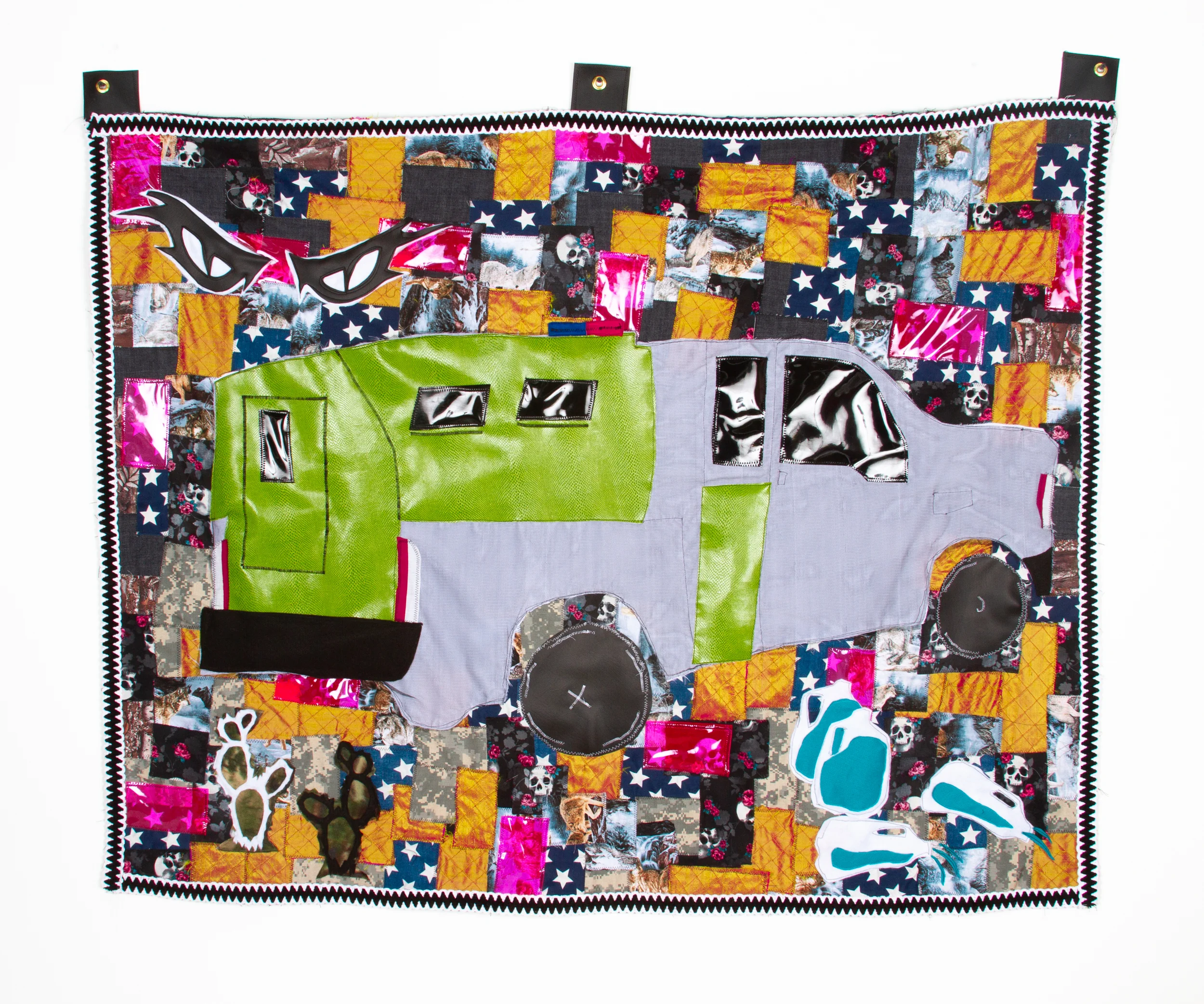 La Migra, 2019 found textiles, hardware 63 x 53 inches