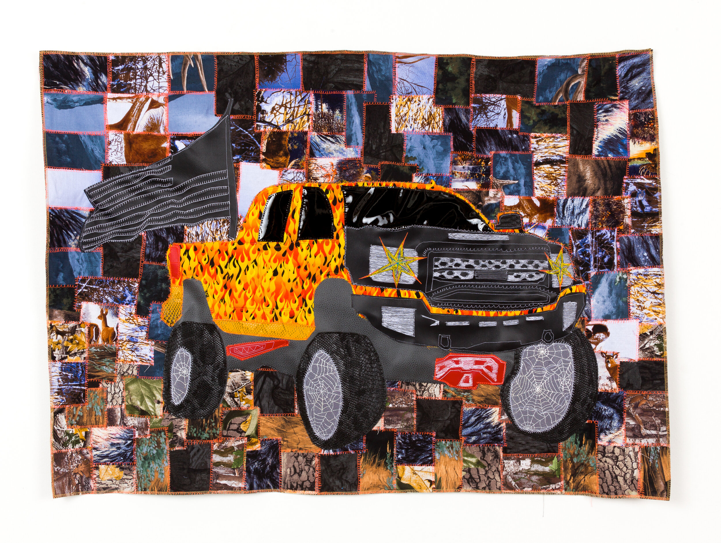  Burning Pride, 2020  assorted hunting camp fabric, cotton fabric, faux leather, thread, hardware  34x46 inches 